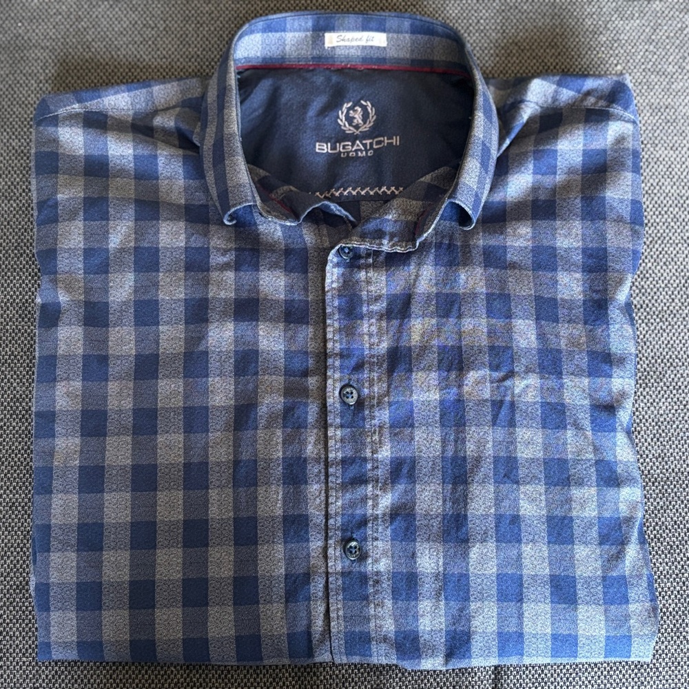 Bugatchi Men's Blue Checkered Shirt size L